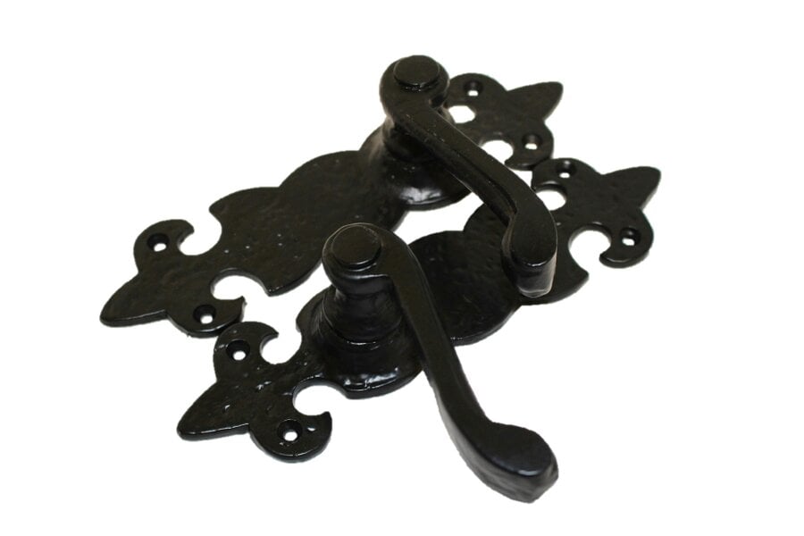 EDH Door Hardware Black Cast Iron Fleur-de-Lys Door Handles – Lever Latch, Bathroom Lock & 3 Lever Lock Sets