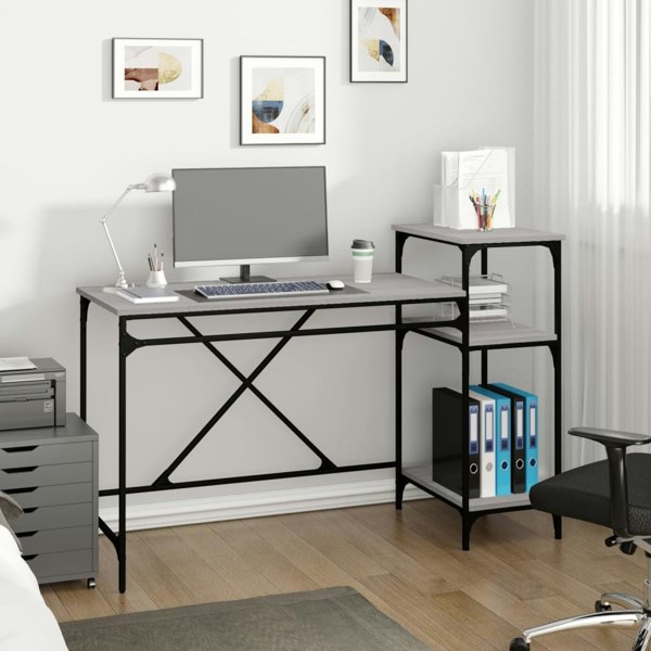 Berkfield Desk with Shelves Grey Sonoma 135x50x90 cm Engineered Wood&Iron