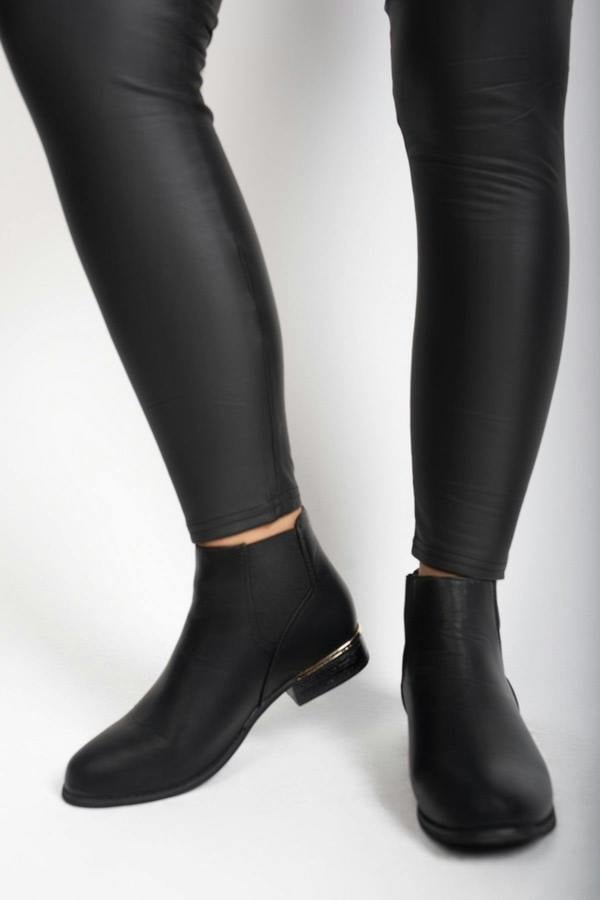 Palina Faux Leather Ankle Boots With Gold Trim Heel - Black