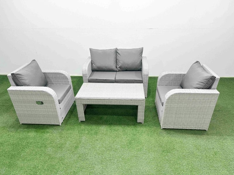 Fimous Light Grey PE Wicker Rattan Garden Furniture Set Sofa Set Reclining Adjustable Chair Oblong Coffee Table 4 Seater