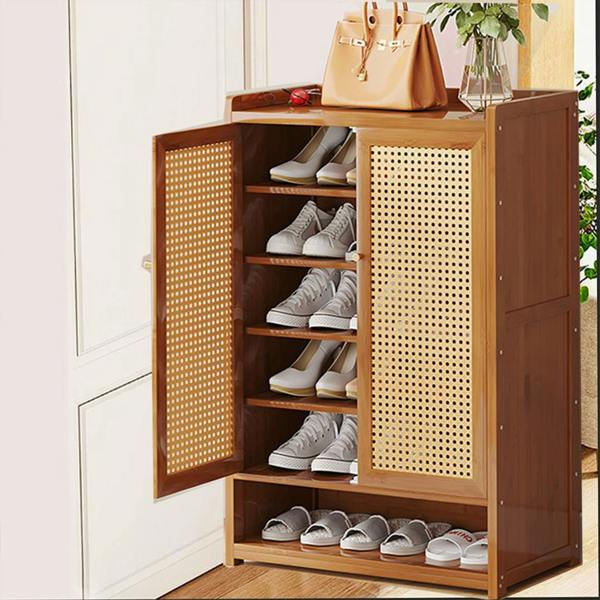 Havendro Shoe Cabinet Storage Cupboard Footwear Stand Rack Wooden Double Rattan Doors