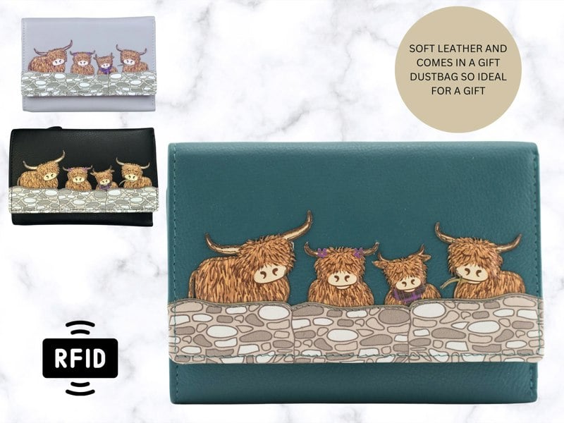 Mala Leather Highland Cow Family RFID Large Trifold Leather Purse