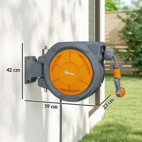 Bobobiy Retractable Hose Reel Wall Mounted, 30+2m Garden Hose Pipe Reel with Lock, 7 in 1 Spray Nozzle, 180° Swivel, 59 x 23 x 42 cm, Orange