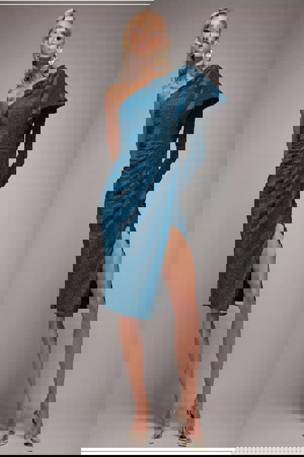 One Sleeve Frill Lurex Midi Dress - Blue DR3806