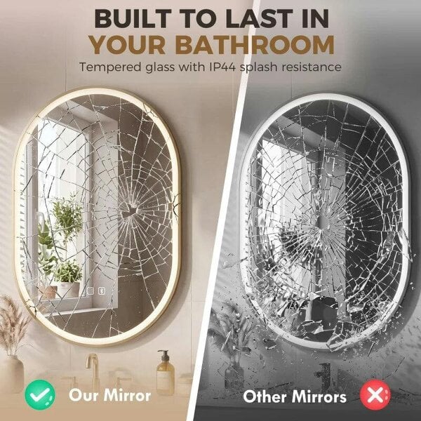 Bathroom Mirror with LED Lights, 100x70cm Oval Bathroom Mirror, Dimmable, Bluetooth, Anti-Fog, Gold Tone