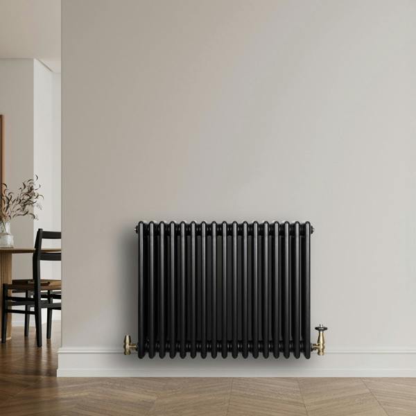 Traditional black 4 column radiator, 600 x 785mm, featuring a sleek design and smooth finish, mounted on a light wall in a modern room