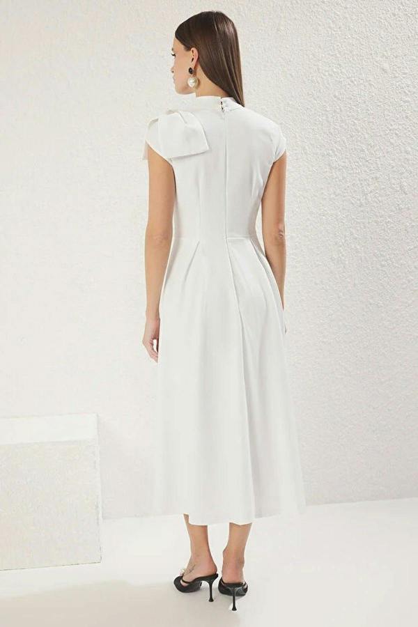 High Neck Pleated Midi Dress with Bow Detail