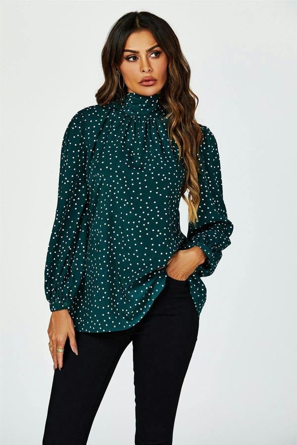 FS Collection Polka Dot Print Long Sleeve Back Tie Blouse Top In Green