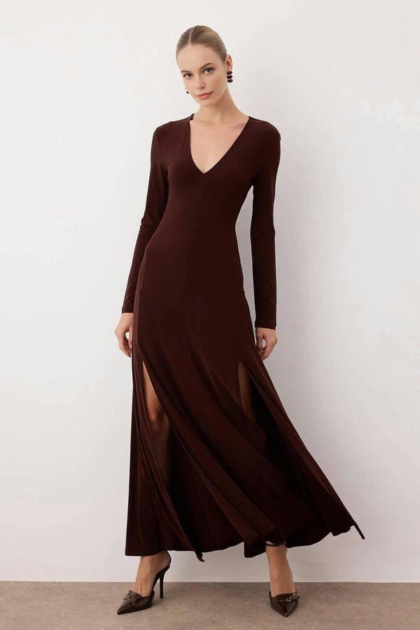 WOVCOR V-Neck Skater Stretchy Maxi Knit Dress