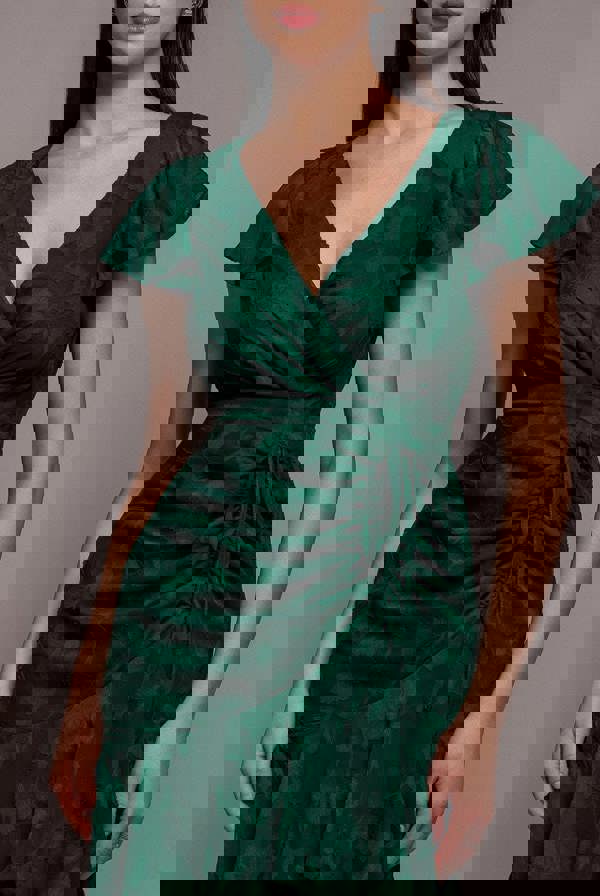 Jacquard Chiffon Wrap High Low Midaxi Dress - Emerald Green DR4552