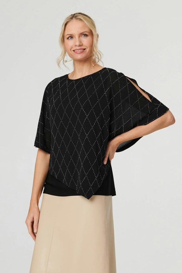 Black | Geo Print Cut-Out 1/2 Sleeve Blouse

