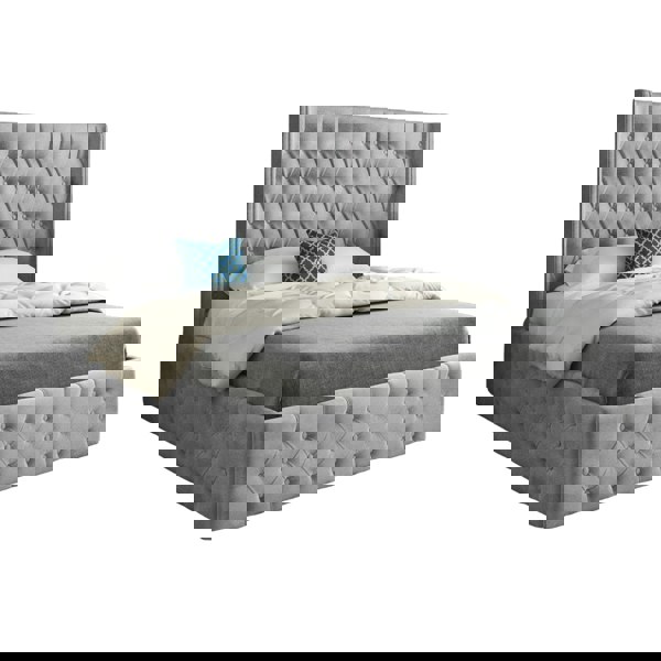 Casa Magna Turin Straight Winged Upholstered Soft Velvet Bed Frame - Grey