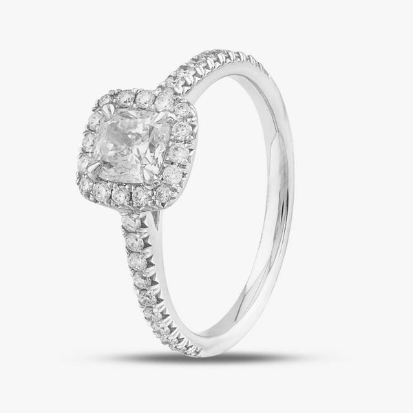 T. H. Baker 18ct White Gold Certificated 1.04ct Cushion Cut Diamond Shoulder Set Halo Ring J10648X/24-14-044 M