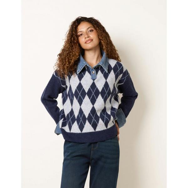 Blue Vanilla Argyle Knit Polo Jumper