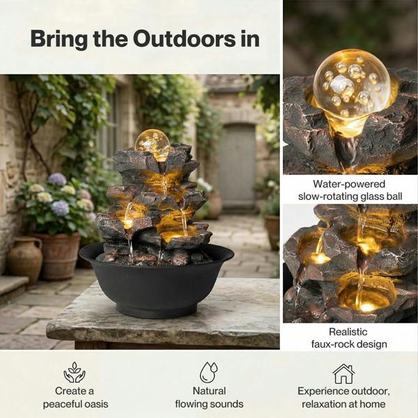 Spector Tabletop Water Fountain Indoor Water Feature LED Glass Ball Resin Brown