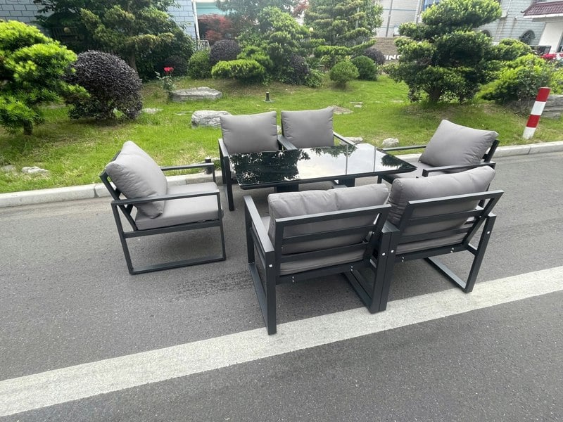 Fimous Aluminum Garden Furniture Dining Set Adjustable Rising Lifting Table And Chairs Patio Outdoor 6 Seat Black Tempered Glass Dark Grey