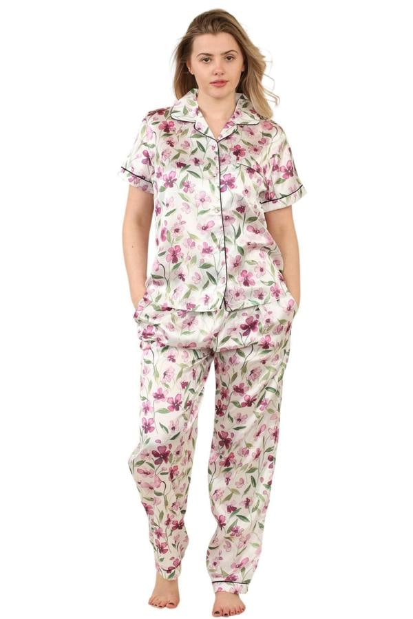 Luxury Floral Satin Pajama Set for Women - Short Sleeve Button-Up Top and Long Pants With pockets