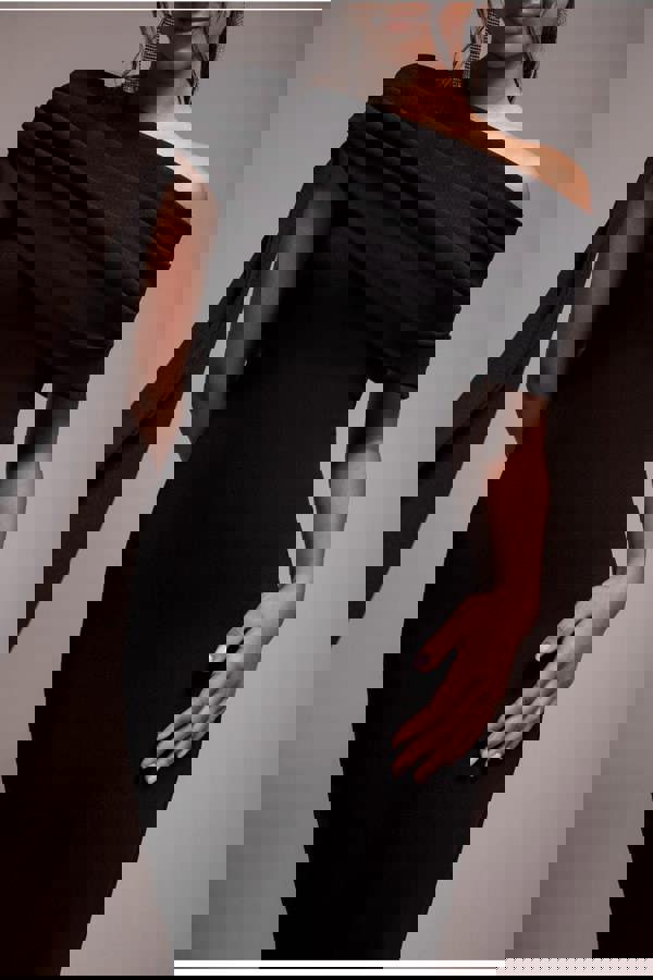 Sash One Shoulder Bardot Maxi Dress - Black DR4830