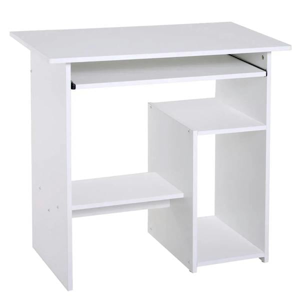 White computer desk with open shelves and sliding keyboard tray