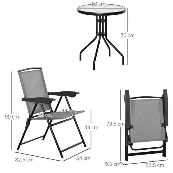 3 Piece Outdoor Bistro Set, Patio Conversation Furniture Set with 2 Folding Backrest Adjustable Armchairs and Glass Top Coffee Table, Grey