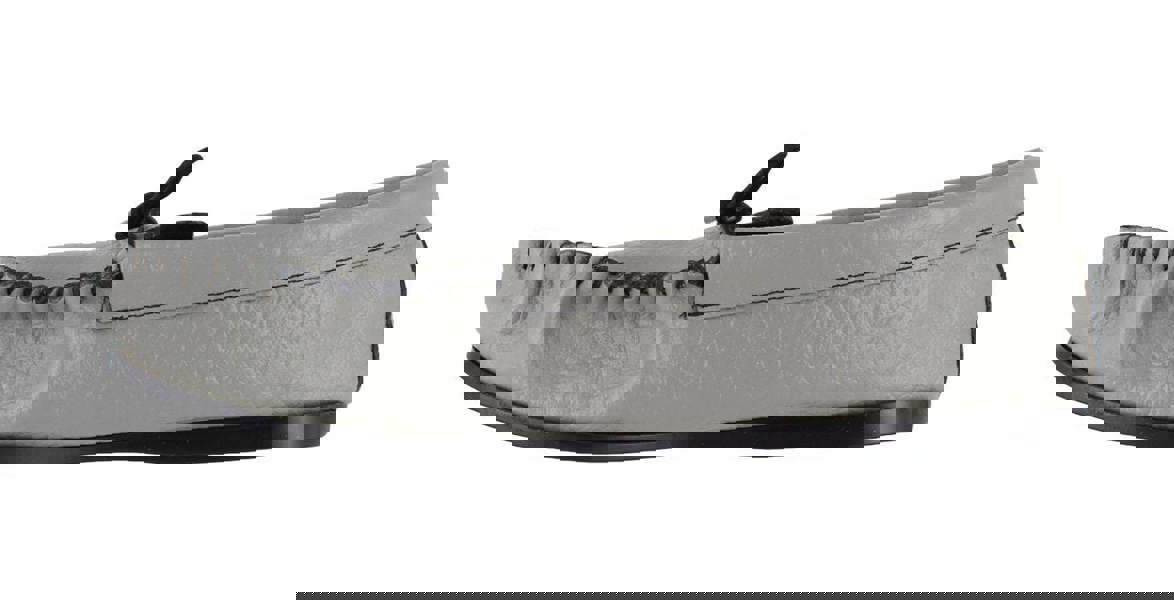 Northamptonshire Slipper Co. Mens British Hand Made Casual Leather Moccs Moccasins Slippers, side view of a grey leather moccasin with black stitching and a black sole.