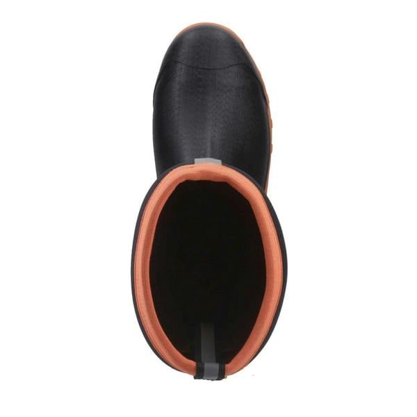 Muck Boots MUCK Boots GRIT S5 Mens Tall Safety Composite Toe/Midsole Wellie, black waterproof safety work boot with orange trim, featuring a protective composite toe and durable sole.