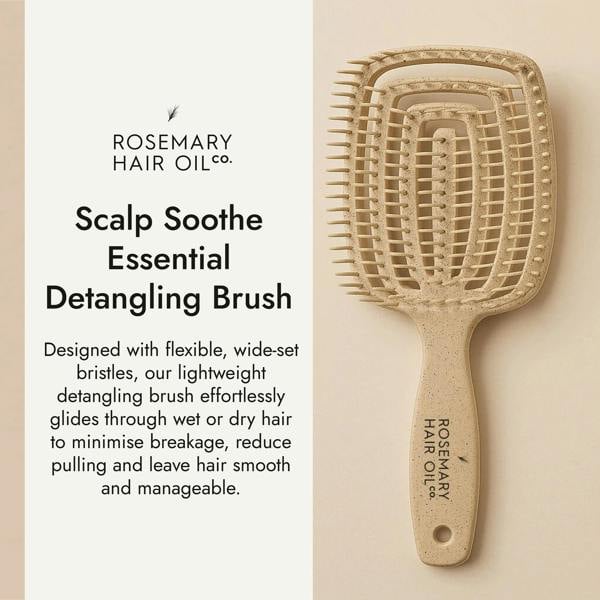 Beige hairbrush with 'Rosemary Hair Oil Co.' branding on a beige background, detangle brush, tangle teaser, flexi brush
