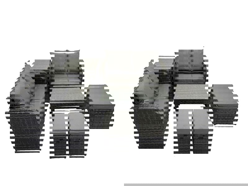 Fimous 3 Seater Sofa Reclining Chair Coffee Table Set Rattan Garden Outdoor Furniture Set with Side Table 3 Stools Dark Grey Mixed