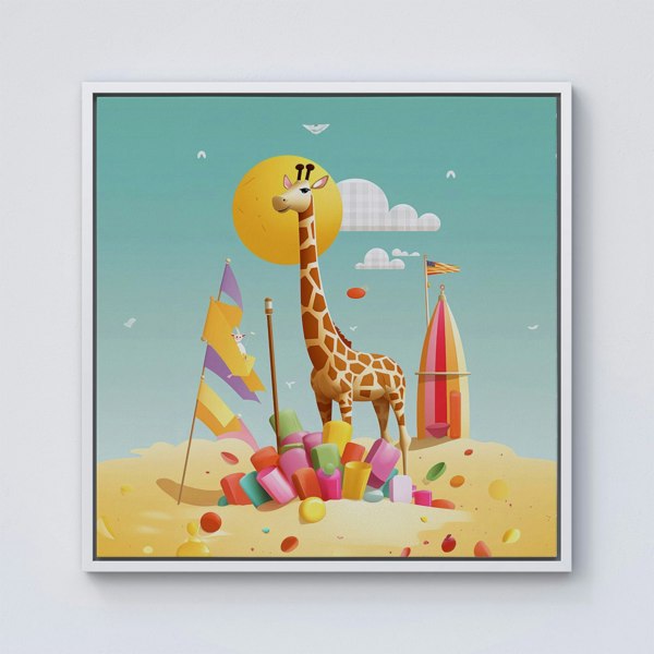 Warren Reed A Giraffe On A Beach Holiday Framed Canvas