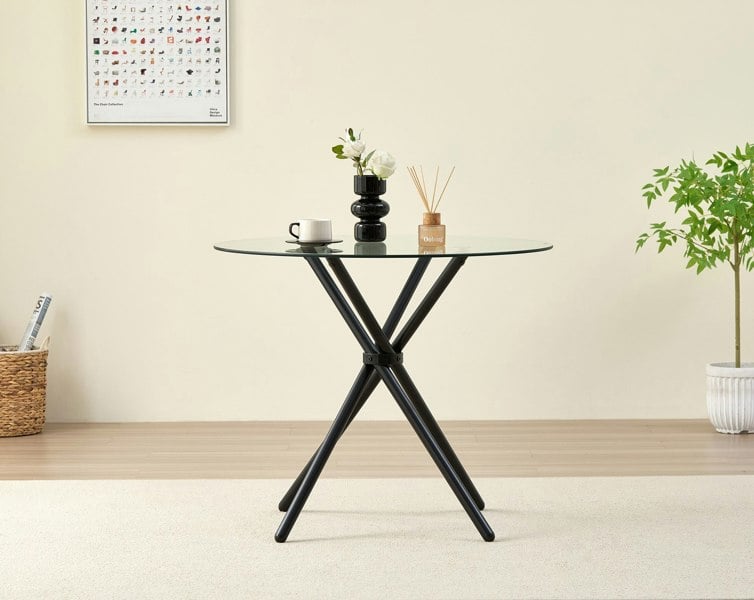 Indoor Living New York Circle Glass Dining Table with starburst black legs