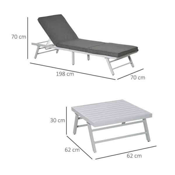 Grey padded chaise lounge with adjustable backrest and slatted metal top coffee table