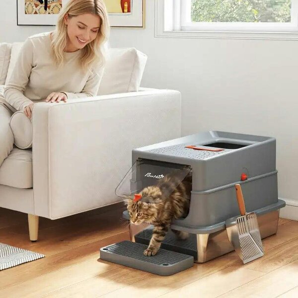 Stainless Steel Cat Litter Tray with Lid, XL 90L Enclosed Cat Litter Box with Step, Scoop, High Side, Dark Grey - Dark Grey