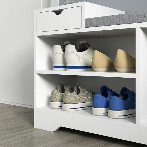 Wyld Haus Norata Wooden White Multi Compartment Shoe Bench With Grey Cushioned Seat