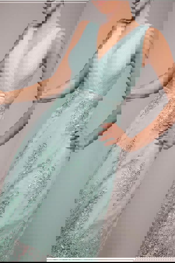 Pleated Satin Bodice High And Low Dress - Sage Green DR3337QZ