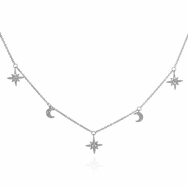 namana Dainty Moon and Star Charm Necklace in 925 Sterling Silver For Women