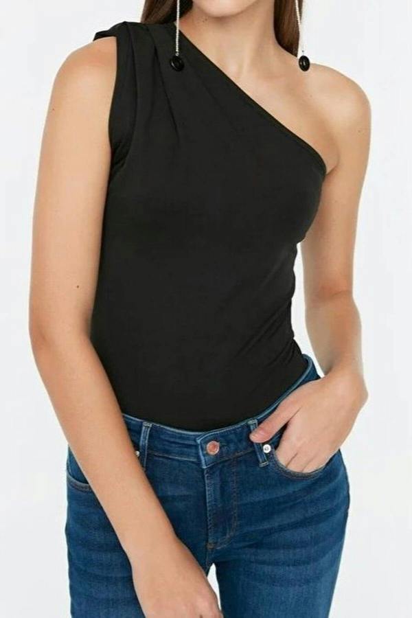 WOVCOR Printed Asymmetrical Collar Elastic Snap Button Knitted Bodysuit