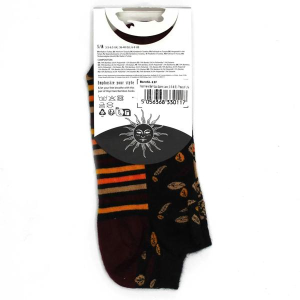 Low-cut bamboo socks, dark maroon with orange stripes and scattered leaf pattern