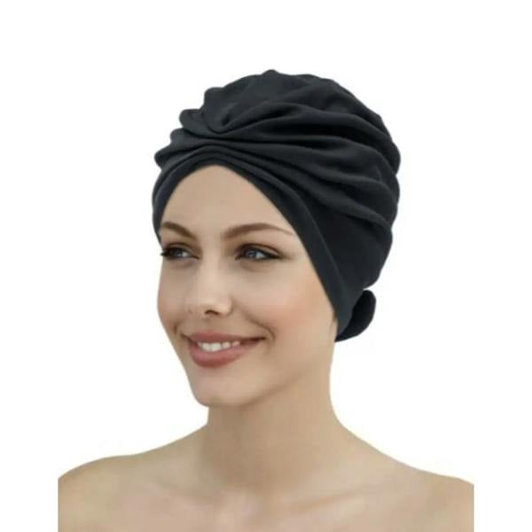 Black Fashy Turban Fabric Swim Cap with microfiber wrap