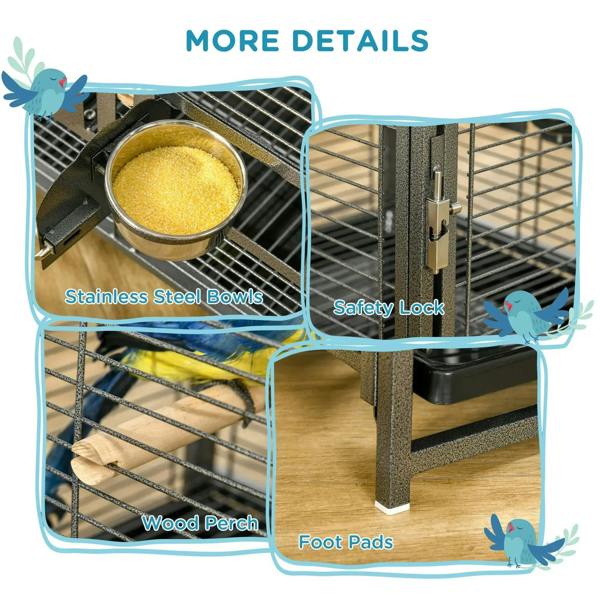 Black bird cage interior close-up: stainless bowls, safety lock, wood perch, and foot pads.
