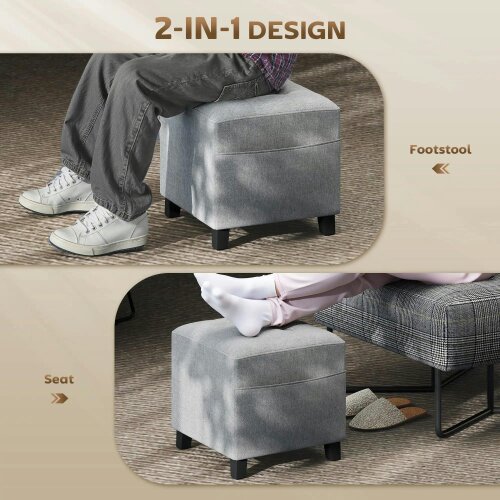 Wyld Haus Linen Light Grey Compact Square Footstool With Side Pocket And Black Wooden Legs