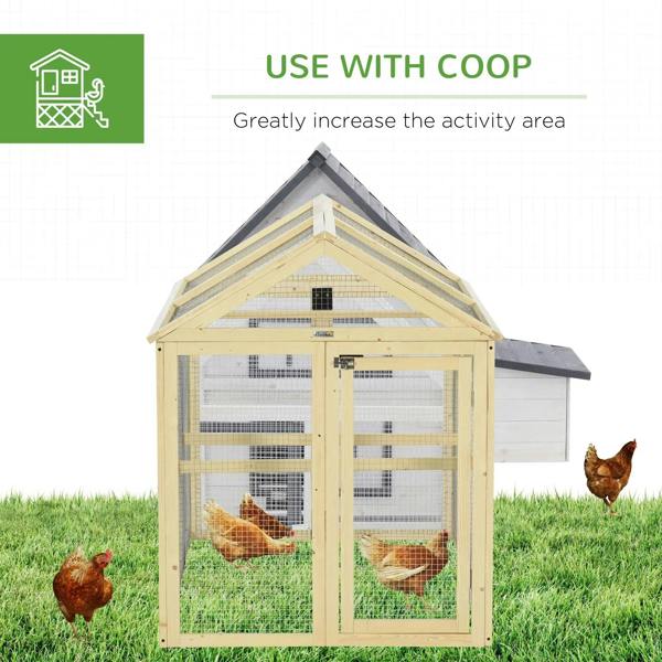 Wooden chicken run attached to a small coop, with wire mesh panels and natural wood finish