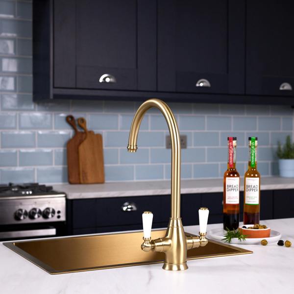 Flode Halden | Dual Lever Kitchen Sink Mixer Tap with Swivel Spout | Brushed Brass Finish