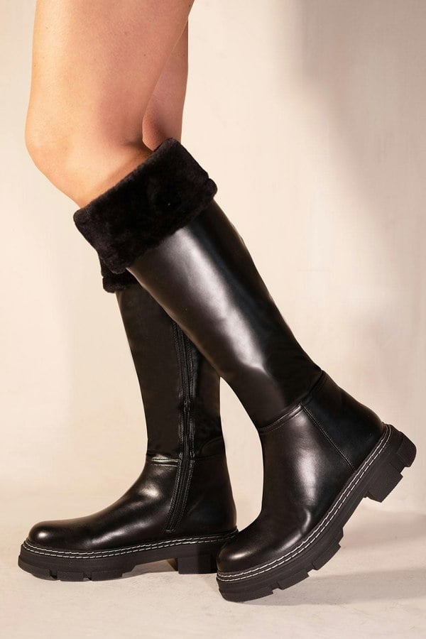 Where's That From Nevaey Platform Calf High Boots With Fur Cuff in Black Faux Leather