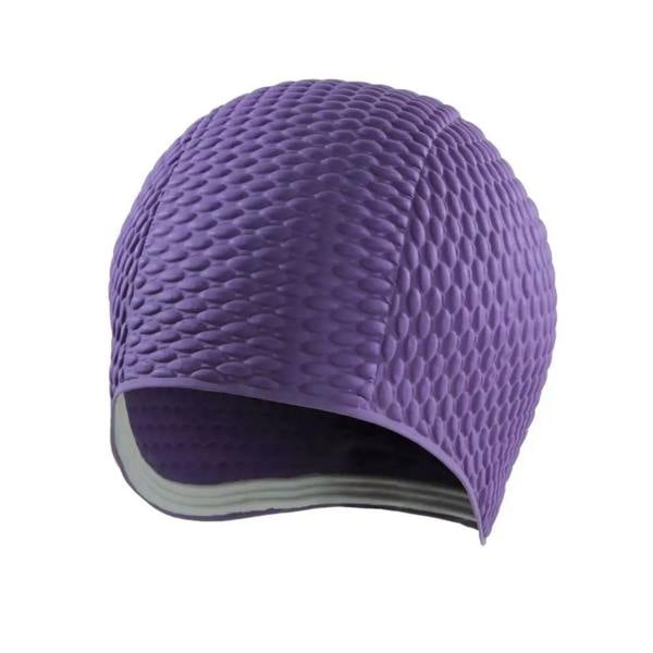 Purple BECO latex bubble cap with quilted design and silver strap