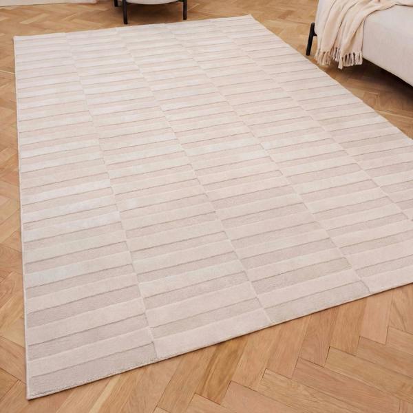 Beige area rug on a wooden floor