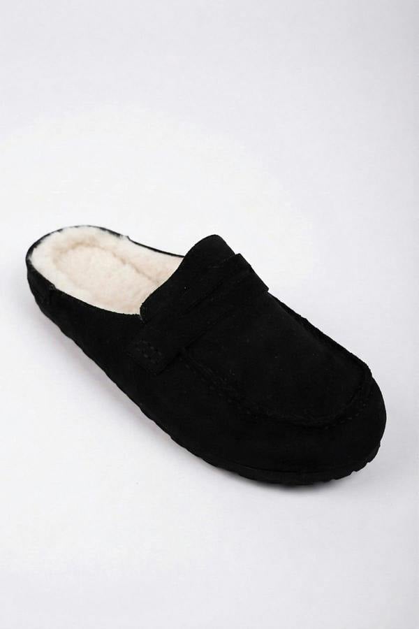 Nuala Faux Suede Fur Lined Mules - Black