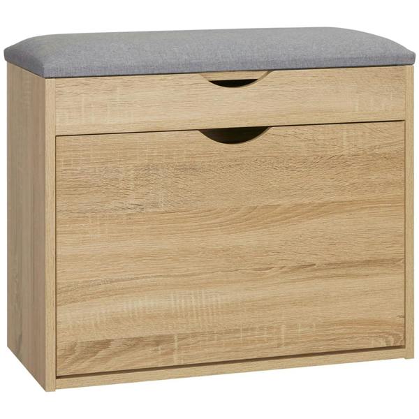 Shoe storage bench with gray cushion and two drawer compartments, natural wood finish