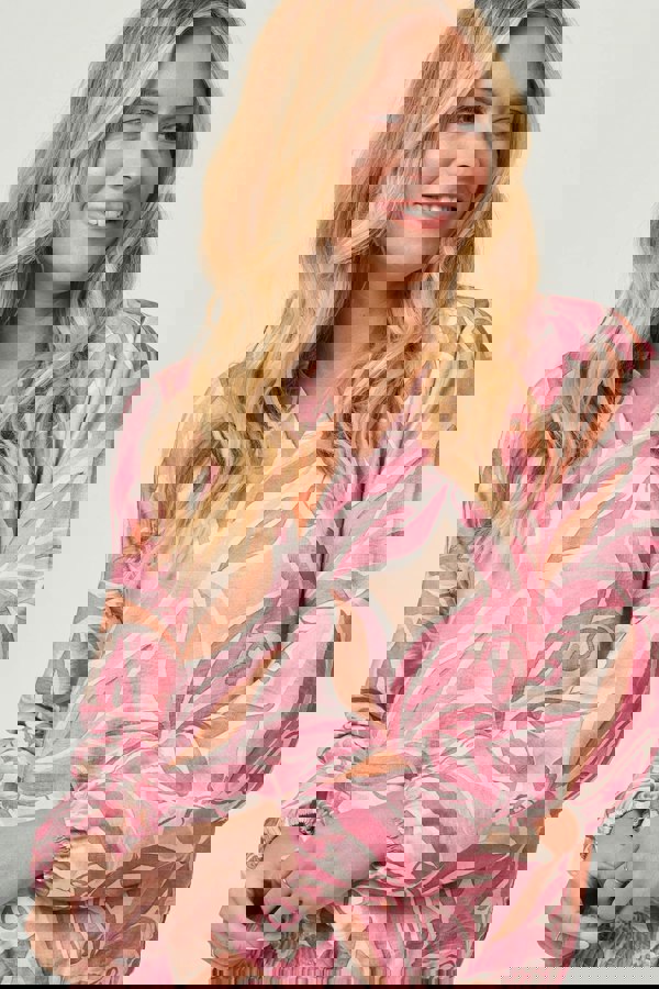 Pink | Floral Shirred 3/4 Sleeve V-Neck Blouse
