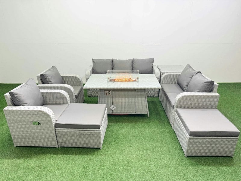 Fimous Rattan Garden Furniture Set Reclining Chair Sofa Double Love Seat 2 Seater Sofa Fire Pit Dining Table 2 Big Footstool Side Table Light Grey