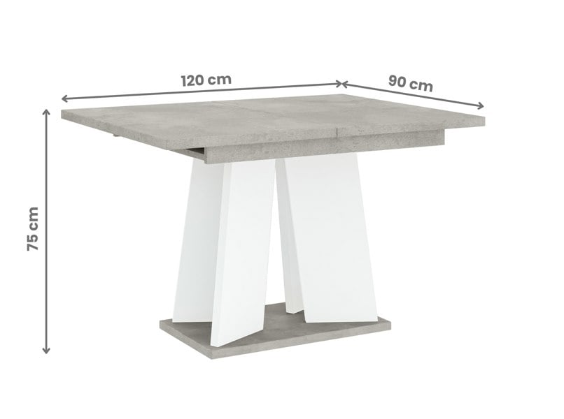 Industrial-style extendable dining table 120 cm – grey stone-look top with white base.